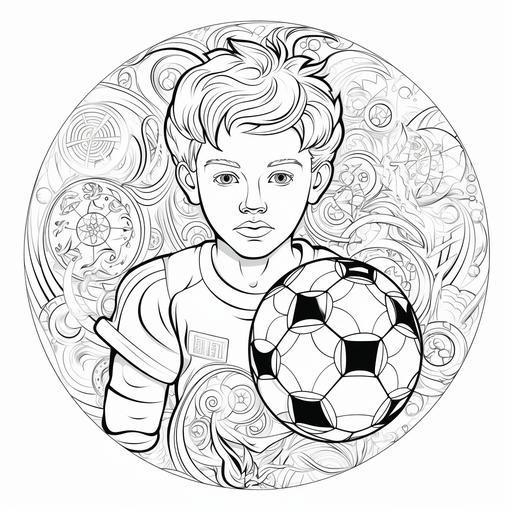 coloring book pages in black and white, football boy thematic, detailed mandala, creative, without shading