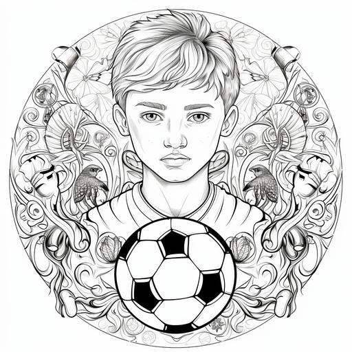 coloring book pages in black and white, football boy thematic, detailed mandala, creative, without shading