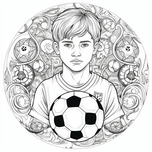 coloring book pages in black and white, football boy thematic, detailed mandala, creative, without shading