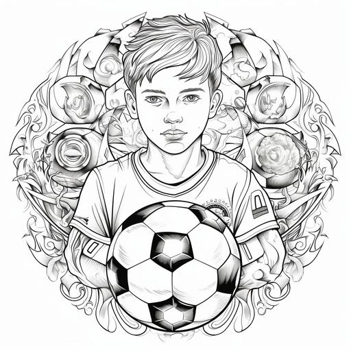 coloring book pages in black and white, football boy thematic, detailed mandala, creative, without shading