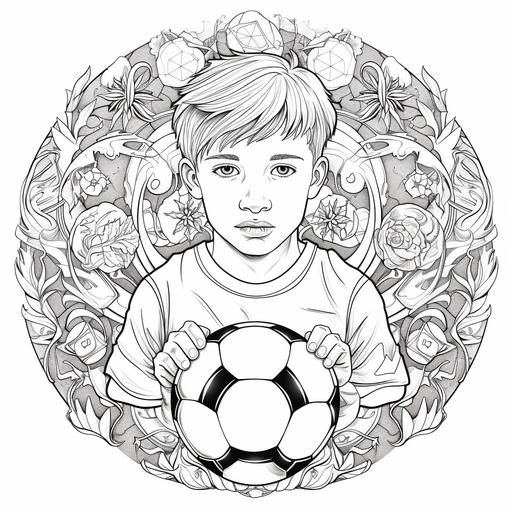 coloring book pages in black and white, football boy thematic, detailed mandala, creative, without shading