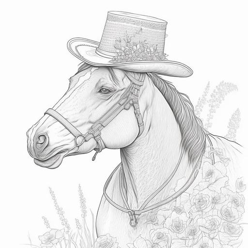 horse with boater hat style 1800s, in the style of a line drawing colouring book, for coloring book
