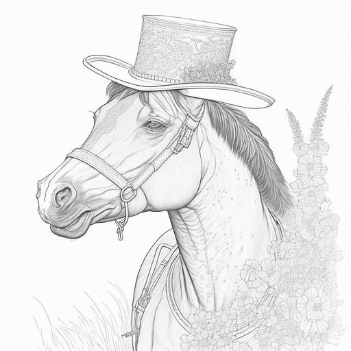 horse with boater hat style 1800s, in the style of a line drawing colouring book, for coloring book