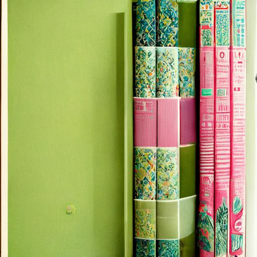 books on shelves, repeat pattern, lime green, capri blue, pastel olive green, fuicsa pink, wallpaper