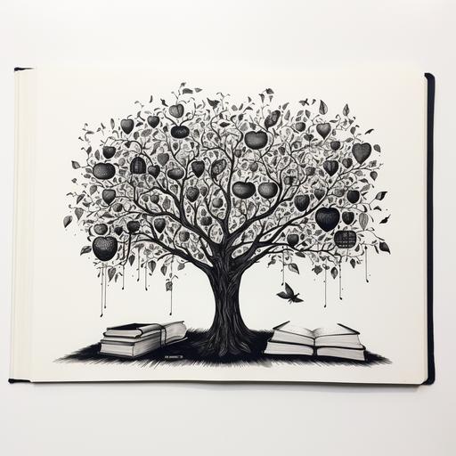 books under an apple tree, black silhouette of a poem, very simple pencil sketch