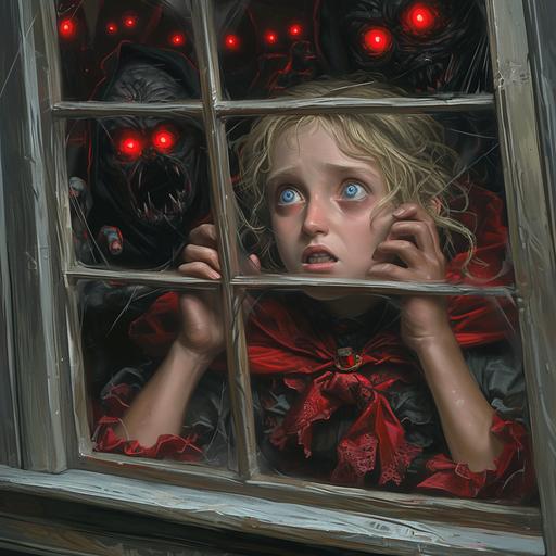 A frightened young girl in 18th century village clothes looks through an attic window at a pack of wild vampires attacking her village, vampires with red glowing eyes and in torn clothes, portrait view, cinematic style, hyperrealistic, hyperrealism, multi-layered realism, octane rendering, rich detail, --niji 6 --s 250 --style raw