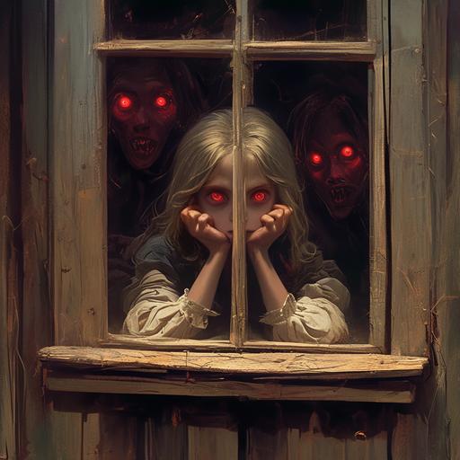 A frightened young girl in 18th century village clothes looks through an attic window at a pack of wild vampires attacking her village, vampires with red glowing eyes and in torn clothes, portrait view, cinematic style, hyperrealistic, hyperrealism, multi-layered realism, octane rendering, rich detail, --niji 6 --s 250 --style raw