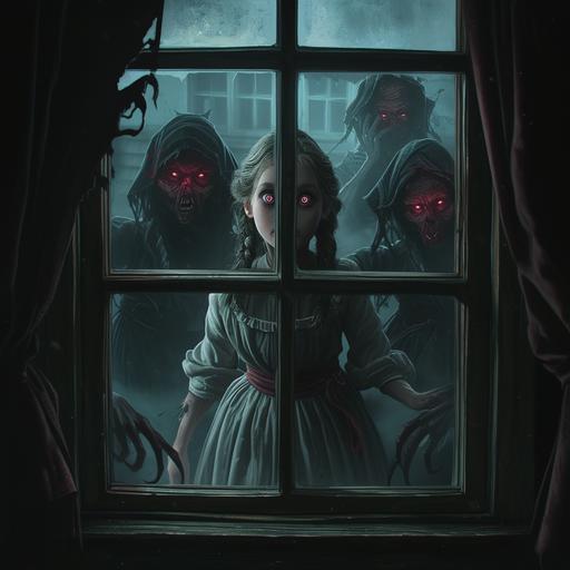 A frightened young girl in 18th century village clothes looks through an attic window at a pack of wild vampires attacking her village, vampires with red glowing eyes and in torn clothes, portrait view, cinematic style, hyperrealistic, hyperrealism, multi-layered realism, octane rendering, rich detail, --niji 6 --s 250 --style raw