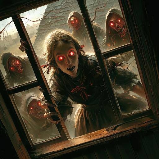 A frightened young girl in 18th century village clothes looks through an attic window at a pack of wild vampires attacking her village, vampires with red glowing eyes and in torn clothes, portrait view, cinematic style, hyperrealistic, hyperrealism, multi-layered realism, octane rendering, rich detail, --niji 6 --s 250 --style raw