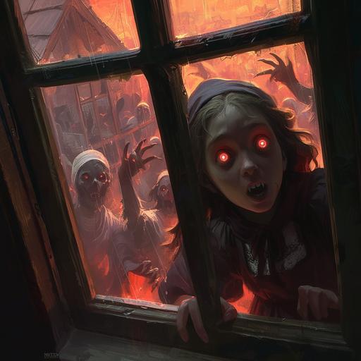 A frightened young girl in 18th century village clothes looks through an attic window at a pack of wild vampires attacking her village, vampires with red glowing eyes and in torn clothes, portrait view, cinematic style, hyperrealistic, hyperrealism, multi-layered realism, octane rendering, rich detail, --niji 6 --s 250 --style raw