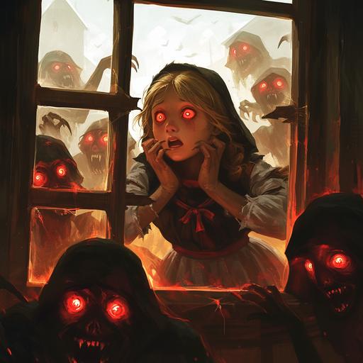 A frightened young girl in 18th century village clothes looks through an attic window at a pack of wild vampires attacking her village, vampires with red glowing eyes and in torn clothes, portrait view, cinematic style, hyperrealistic, hyperrealism, multi-layered realism, octane rendering, rich detail, --niji 6 --s 250 --style raw