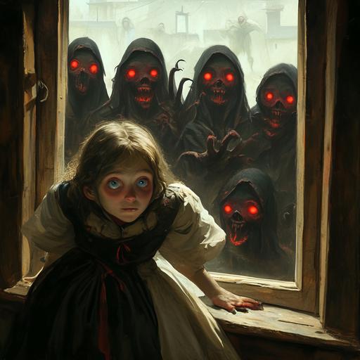 A frightened young girl in 18th century village clothes looks through an attic window at a pack of wild vampires attacking her village, vampires with red glowing eyes and in torn clothes, portrait view, cinematic style, hyperrealistic, hyperrealism, multi-layered realism, octane rendering, rich detail, --niji 6 --s 250 --style raw