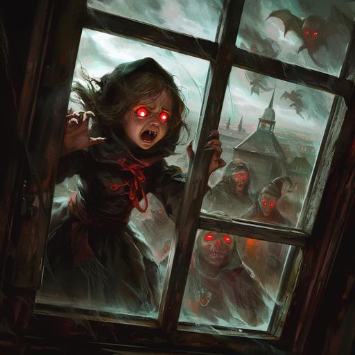 A frightened young girl in 18th century village clothes looks through an attic window at a pack of wild vampires attacking her village, vampires with red glowing eyes and in torn clothes, portrait view, cinematic style, hyperrealistic, hyperrealism, multi-layered realism, octane rendering, rich detail, --niji 6 --s 250 --style raw