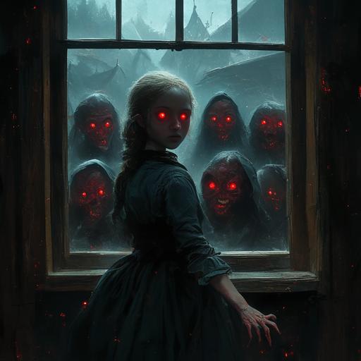 A frightened young girl in 18th century village clothes looks through an attic window at a pack of wild vampires attacking her village, vampires with red glowing eyes and in torn clothes, portrait view, cinematic style, hyperrealistic, hyperrealism, multi-layered realism, octane rendering, rich detail, --niji 6 --s 250 --style raw