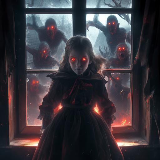 A frightened young girl in 18th century village clothes looks through an attic window at a pack of wild vampires attacking her village, vampires with red glowing eyes and in torn clothes, portrait view, cinematic style, hyperrealistic, hyperrealism, multi-layered realism, octane rendering, rich detail, --niji 6 --s 250 --style raw