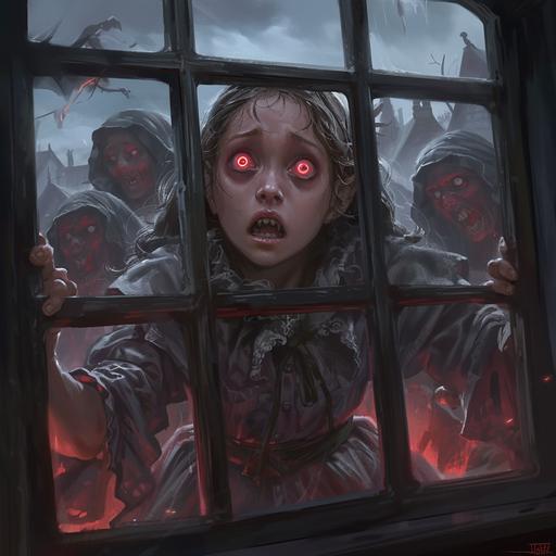 A frightened young girl in 18th century village clothes looks through an attic window at a pack of wild vampires attacking her village, vampires with red glowing eyes and in torn clothes, portrait view, cinematic style, hyperrealistic, hyperrealism, multi-layered realism, octane rendering, rich detail, --niji 6 --s 250 --style raw