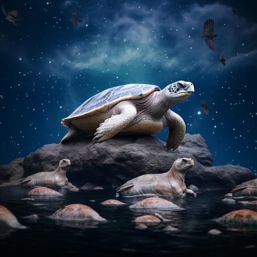 A giant terrapin turtle in the starry ocean of the Universe, white elephants stand on its shell and the flat Earth lies on their backs, an allegory, water flows from the edges of the earth's disk, birds hover over waterfalls, shutter speed 1/200 sec, ISO 100, shot on a Canon EOS R with 50mm f/1.8 lens, f/2.2 aperture, sci-fi film, colorful explosions, subtle color palette, realistic chiaroscuro,