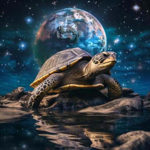 A giant terrapin turtle in the starry ocean of the Universe, white elephants stand on its shell and the flat Earth lies on their backs, an allegory, water flows from the edges of the earth's disk, birds hover over waterfalls, shutter speed 1/200 sec, ISO 100, shot on a Canon EOS R with 50mm f/1.8 lens, f/2.2 aperture, sci-fi film, colorful explosions, subtle color palette, realistic chiaroscuro,