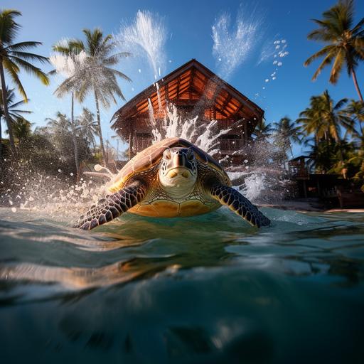 A huge terrapin turtle on the shell of which palm trees and forests grow and there are houses where people live swims in the tropical ocean, shutter speed 1/200 sec, ISO 100, shot on a Canon EOS R with a 50mm f/1.8 lens, f/2.2 aperture, scientific fantastic film, colorful explosions, subtle color palette, realistic chiaroscuro,