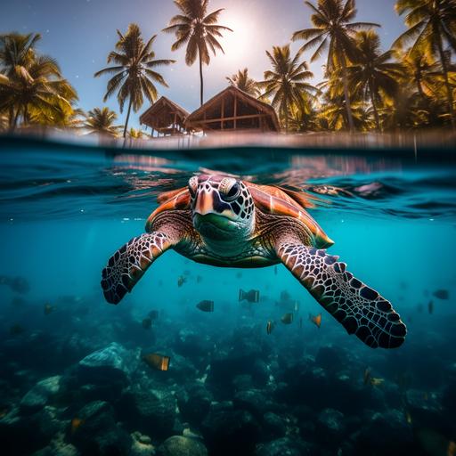 A huge terrapin turtle on the shell of which palm trees and forests grow and there are houses where people live swims in the tropical ocean, shutter speed 1/200 sec, ISO 100, shot on a Canon EOS R with a 50mm f/1.8 lens, f/2.2 aperture, scientific fantastic film, colorful explosions, subtle color palette, realistic chiaroscuro,