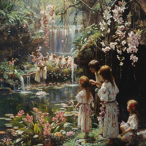 A masterpiece of painting, a fantasy world, unusual flowers and plants, red-haired Celtic druids in white embroidered robes, a man and a woman, in a tropical swampy forest teaching a dozen children of different ages to recognize different types of dendrobium orchids --s 250 --v 6.0 --style raw