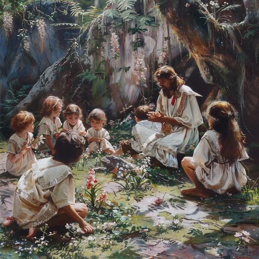 A masterpiece of painting, a fantasy world, unusual flowers and plants, red-haired Celtic druids in white embroidered robes, a man and a woman, in a tropical swampy forest teaching a dozen children of different ages to recognize different types of dendrobium orchids --s 250 --v 6.0 --style raw