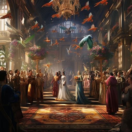 A royal reception on Jasper, couples of courtiers in lavish attire pass through the hall and bow to the king and queen on thrones, each Jasperian has a bird tightly on his head with a predatory beak and claws, but stunningly bright like tropical birds, feathers of neon colors, long curled feathers in trail down people's backs, neon victorian, amazingly realistic photo, 3D octa rendering, fine details, professional photo quality, sharp focus, cinematic photo, fine details. --q 2