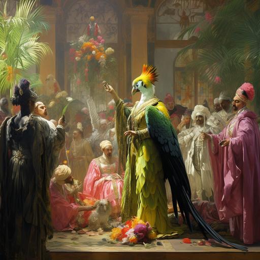 A royal reception on Jasper, couples of courtiers in lavish attire pass through the hall and bow to the king and queen on thrones, each Jasperian has a bird tightly on his head with a predatory beak and claws, but stunningly bright like tropical birds, feathers of neon colors, long curled feathers in trail down people's backs, neon victorian, amazingly realistic photo, 3D octa rendering, fine details, professional photo quality, sharp focus, cinematic photo, fine details. --q 2