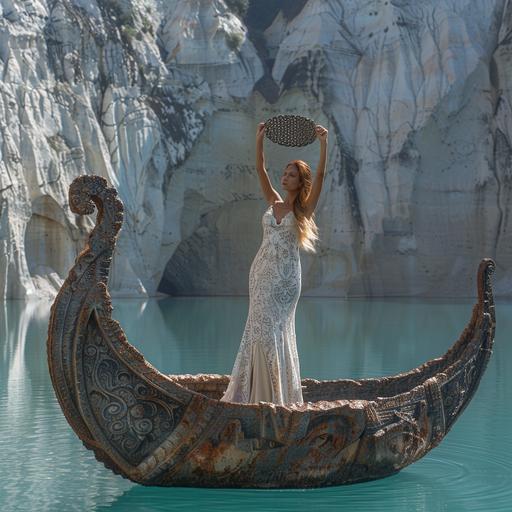 A stunningly beautiful woman in a Greek chiton stands on a carved Viking boat in the middle of a mirror-reflecting crater around Lake Kelimutu, raising bronze patterned scales above her head like the goddess Themis, on her head is a silver crown of thorns --s 250 --v 6.0 --style raw