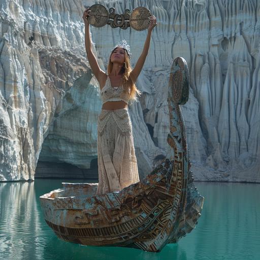 A stunningly beautiful woman in a Greek chiton stands on a carved Viking boat in the middle of a mirror-reflecting crater around Lake Kelimutu, raising bronze patterned scales above her head like the goddess Themis, on her head is a silver crown of thorns --s 250 --v 6.0 --style raw