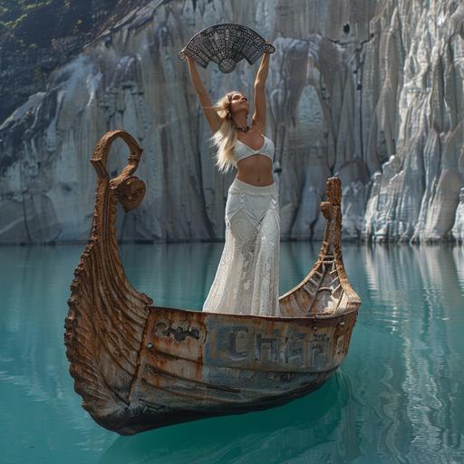 A stunningly beautiful woman in a Greek chiton stands on a carved Viking boat in the middle of a mirror-reflecting crater around Lake Kelimutu, raising bronze patterned scales above her head like the goddess Themis, on her head is a silver crown of thorns --s 250 --v 6.0 --style raw