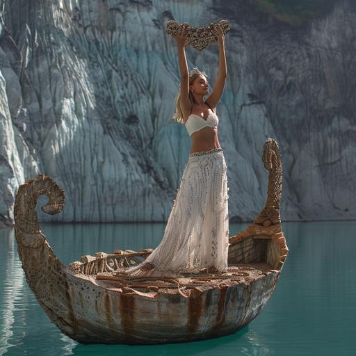 A stunningly beautiful woman in a Greek chiton stands on a carved Viking boat in the middle of a mirror-reflecting crater around Lake Kelimutu, raising bronze patterned scales above her head like the goddess Themis, on her head is a silver crown of thorns --s 250 --v 6.0 --style raw