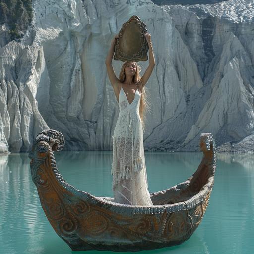 A stunningly beautiful woman in a Greek chiton stands on a carved Viking boat in the middle of a mirror-reflecting crater around Lake Kelimutu, raising bronze patterned scales above her head like the goddess Themis, on her head is a silver crown of thorns --s 250 --v 6.0 --style raw