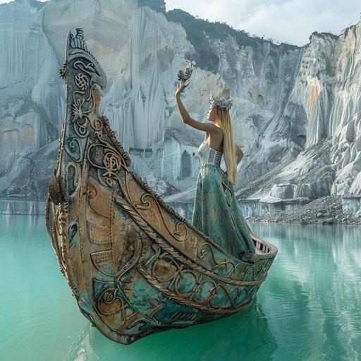 A stunningly beautiful woman in a Greek chiton stands on a carved Viking boat in the middle of a mirror-reflecting crater around Lake Kelimutu, raising bronze patterned scales above her head like the goddess Themis, on her head is a silver crown of thorns --s 250 --v 6.0 --style raw