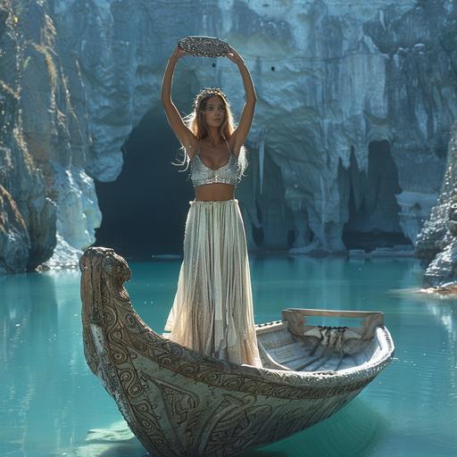 A stunningly beautiful woman in a Greek chiton stands on a carved Viking boat in the middle of a mirror-reflecting crater around Lake Kelimutu, raising bronze patterned scales above her head like the goddess Themis, on her head is a silver crown of thorns --s 250 --v 6.0 --style raw