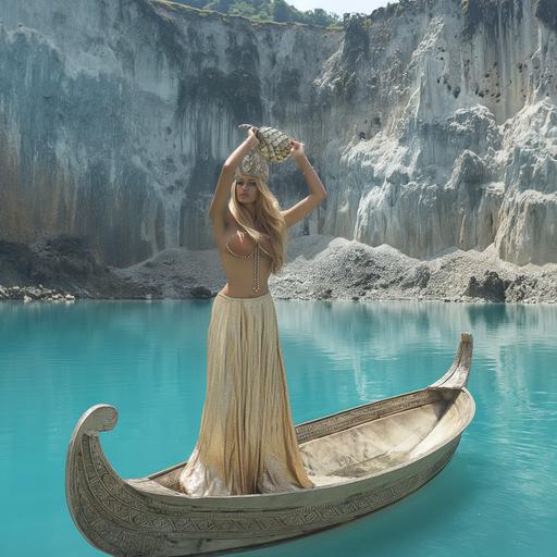 A stunningly beautiful woman in a Greek chiton stands on a carved Viking boat in the middle of a mirror-reflecting crater around Lake Kelimutu, raising bronze patterned scales above her head like the goddess Themis, on her head is a silver crown of thorns --s 250 --v 6.0 --style raw