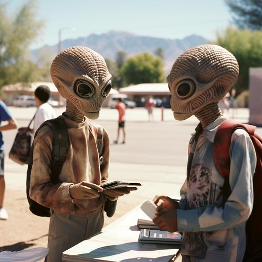 Alien children in Tucson calmly study in a common school with human children, wear plaid shirts, jeans and cowboy boots, blow bubbles from chewing gum, Around children's slides, swings and silhouettes of bushes, a school building, in the parking lot among the cars there is a compact UFO, high resolution, Photorealistic , sharp photography, Photography, Maximum detail, Sharp focus, Intricate detail, Ultra realistic, Cinematic lighting, Volumetric lighting, Photography, Beautiful details, Cinematic lighting, Rendering, 8k,