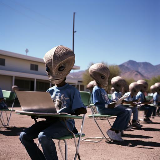 Alien children in Tucson calmly study in a common school with human children, wear plaid shirts, jeans and cowboy boots, blow bubbles from chewing gum, Around children's slides, swings and silhouettes of bushes, a school building, in the parking lot among the cars there is a compact UFO, high resolution, Photorealistic , sharp photography, Photography, Maximum detail, Sharp focus, Intricate detail, Ultra realistic, Cinematic lighting, Volumetric lighting, Photography, Beautiful details, Cinematic lighting, Rendering, 8k,