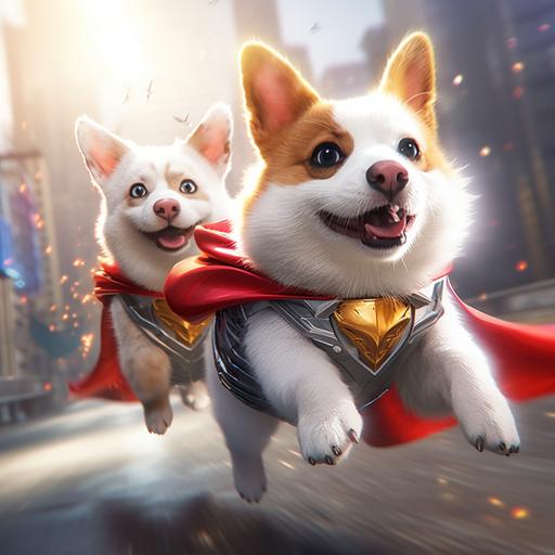 Cheerful spotted cute corgi and white cat are tokusatsu style friends and superheroes, they have weapons built into their collars, they fly with multi-colored lasers, amazing realistic photos, 3D octane rendering, intricate detail, professional photo quality, clear focus, cinematic shot, small details --q 2 --v 5.1 --s 250