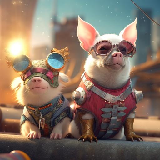 Cheerful spotted pig and cute corgi and are tokusatsu-style friends and superheroes, they have weapons built into collars, they fly with multi-colored lasers, amazing realistic photos, 3D octane rendering, intricate detail, professional photo quality, clear focus, cinematic shot, small details --q 2 --v 5.1 --s 250