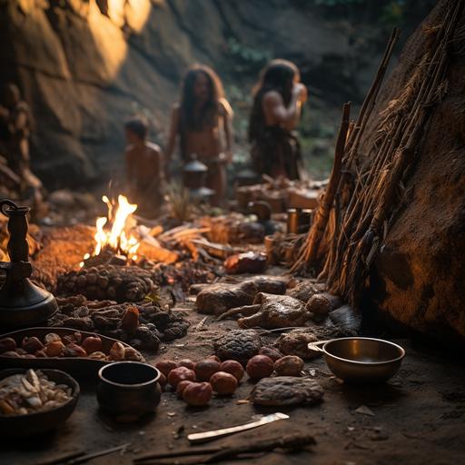 Close-up food photography, dinner of a primitive cave tribe after a successful hunt, fire, roasted meat, children and adults with stone knives, clay jugs with water, high resolution, golden hour photography, Photorealistic, Clear photography, Photography, Maximum detail, Sharp focus , Complex Detail, Ultra Realistic, Cinematic Lighting, Volumetric Lighting, Photography, Beautiful Detail, Cinematic Lighting, Rendering, 8k, High Definition, Photorealistic, Sharp Photography, Maximum Detail, Sharp Focus, Complex Detail, Ultra Realistic, Cinematic Lighting, Volumetric Lighting, Photography , Beautiful Detail, Cinematic Lighting, Rendering, 8k