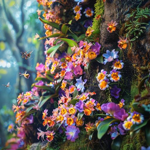 Close up photo: Adorable colorful delicate house of tiny winged pixies grown from petals inside a huge colony of dendrobium orchids on the trunk of an old tall tree covered with leaves and moss Spanish beard, pixies fly around and walk on the branches of the tree --s 250 --v 6.0 --style raw