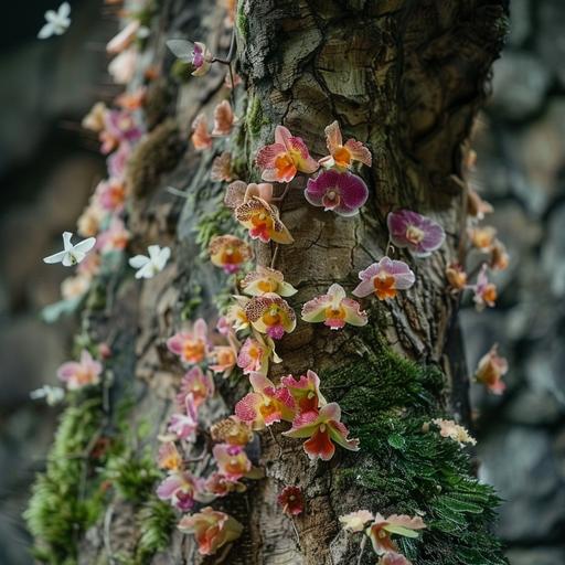 Close up photo: Adorable colorful delicate house of tiny winged pixies grown from petals inside a huge colony of dendrobium orchids on the trunk of an old tall tree covered with leaves and moss Spanish beard, pixies fly around and walk on the branches of the tree --s 250 --v 6.0 --style raw