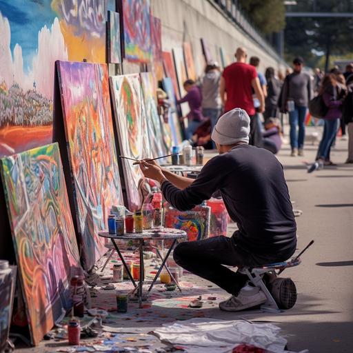 Competition of street artists painting graffiti on a large concrete fence under aqueducts and overpasses, a small orchestra plays, they sell balloons, cotton candy and hot dogs, a lot of children, artists paint happiness, constructivist glitch art, high resolution, photorealism, sharp photography, maximum detail, sharp focus, intricate details, ultra-realistic, cinematic lighting, volumetric lighting, photography, beautiful details, cinematic lighting, rendering, 8k, Portra 800 medium format film, 105mm SMC Takumar, 3200 dpi, Octane, Unreal Engine, 8k, Photorealistic, Digital, Detail, Very Fine Detail, Ultra High Photography, Photorealism, 8K, UHD, Unreal Engine, Octane, Very Realistic UHD, 8K Octane,