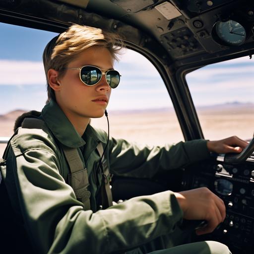 Davis-Monthan Air Force Base in Tucson, cockpit close-up, cadet boy 16 years old, very short-haired blond 16 years old, wearing metal glasses for distance and in a green-brown camouflage uniform with an instructor, takes off from the airfield on a Cessna, very blue sky without clouds, high resolution, Photorealistic, sharp photography, Photography, Maximum detail, Sharp focus, Intricate detail, Ultra realistic, Cinematic lighting, Volumetric lighting, Photography, Beautiful details, Cinematic lighting, Rendering, 8k,