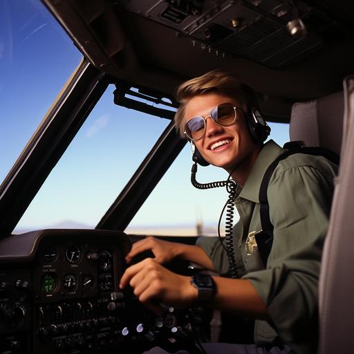 Davis-Monthan Air Force Base in Tucson, cockpit close-up, cadet boy 16 years old, very short-haired blond 16 years old, wearing metal glasses for distance and in a green-brown camouflage uniform with an instructor, takes off from the airfield on a Cessna, very blue sky without clouds, high resolution, Photorealistic, sharp photography, Photography, Maximum detail, Sharp focus, Intricate detail, Ultra realistic, Cinematic lighting, Volumetric lighting, Photography, Beautiful details, Cinematic lighting, Rendering, 8k,