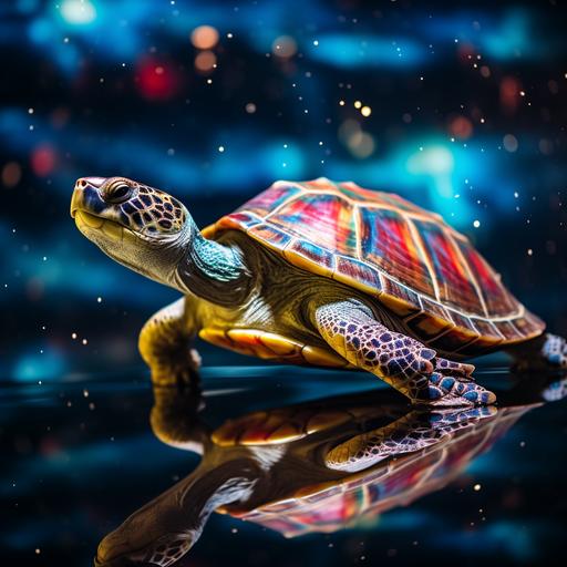 Flat Earth on the shell of a huge terrapin turtle in the starry ocean of the Universe, shutter speed 1/200 sec, ISO 100, shot on a Canon EOS R with a 50mm f/1.8 lens, f/2.2 aperture, sci-fi film, colorful explosions, subtle color palette, realistic chiaroscuro,