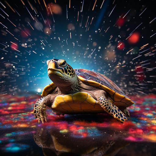 Flat Earth on the shell of a huge terrapin turtle in the starry ocean of the Universe, shutter speed 1/200 sec, ISO 100, shot on a Canon EOS R with a 50mm f/1.8 lens, f/2.2 aperture, sci-fi film, colorful explosions, subtle color palette, realistic chiaroscuro,