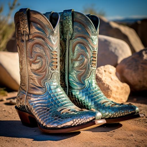 Mission near Tucson, new shiny cowboy boots with turquoise ostrich leather inserts sit on a stone slab with traces of copper oxides, and a diamond-backed rattlesnake coils around them, moving its rattle, High Definition, Photorealism, Clear Photo, Maximum Detail, Sharp Focus, Intricate Details, Ultra Realistic, Cinematic Lighting, Volumetric Lighting, Photography, Beautiful Details, Cinematic Lighting, Rendering, 8k, Portrait Photography Medium Format Film 800, SMC Takumar 105mm, 3200 DPI Scan, Octane, Unreal Engine, 8k, Photorealistic, Digital, Detailed, very fine details, highest quality photographs, photorealistic