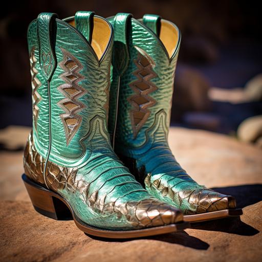 Mission near Tucson, new shiny cowboy boots with turquoise ostrich leather inserts sit on a stone slab with traces of copper oxides, and a diamond-backed rattlesnake coils around them, moving its rattle, High Definition, Photorealism, Clear Photo, Maximum Detail, Sharp Focus, Intricate Details, Ultra Realistic, Cinematic Lighting, Volumetric Lighting, Photography, Beautiful Details, Cinematic Lighting, Rendering, 8k, Portrait Photography Medium Format Film 800, SMC Takumar 105mm, 3200 DPI Scan, Octane, Unreal Engine, 8k, Photorealistic, Digital, Detailed, very fine details, highest quality photographs, photorealistic